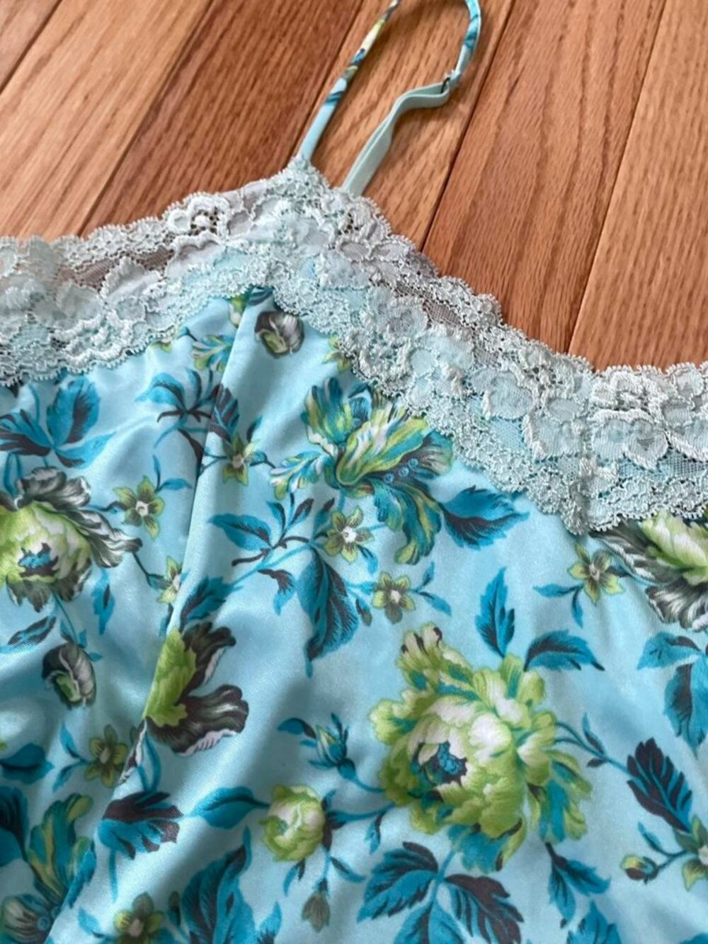 Vintage Blue Floral Silky Satin Lace Trim Cami Top Large Coquette Babydoll - Picture 4 of 8